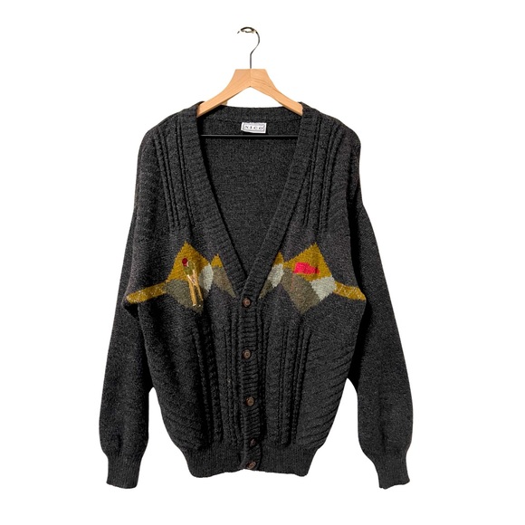 Nico Vintage Charcoal Gray Knit Golf Theme V-neck Wool Blend Sweater Size Large